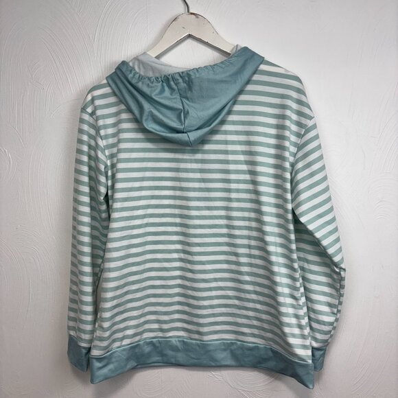 Striped Hoodie Sweatshirt Long Sleeve Pullover Button Accent Green White Casual - Picture 5 of 5